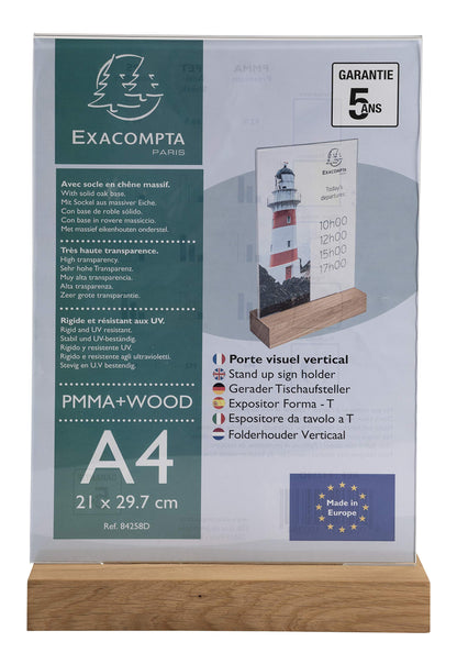 Exacompta - Ref 84258D - Sign Holder with Wooden Base - Suitable for A4 Documents, Solid Oak Plinth, Visible Both Sides, PMMA (Acrylic) Material, Rigid & UV Resistant - Clear