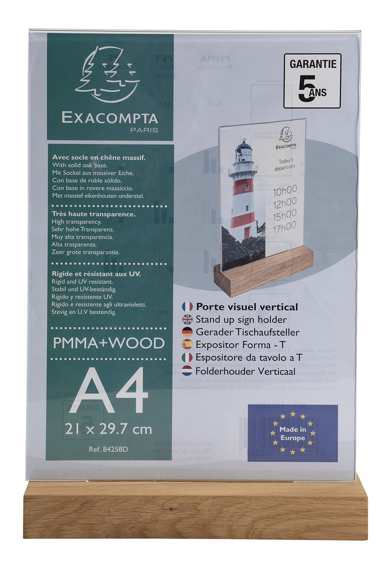 Exacompta - Ref 84258D - Sign Holder with Wooden Base - Suitable for A4 Documents, Solid Oak Plinth, Visible Both Sides, PMMA (Acrylic) Material, Rigid & UV Resistant - Clear