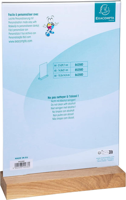 Exacompta - Ref 84258D - Sign Holder with Wooden Base - Suitable for A4 Documents, Solid Oak Plinth, Visible Both Sides, PMMA (Acrylic) Material, Rigid & UV Resistant - Clear