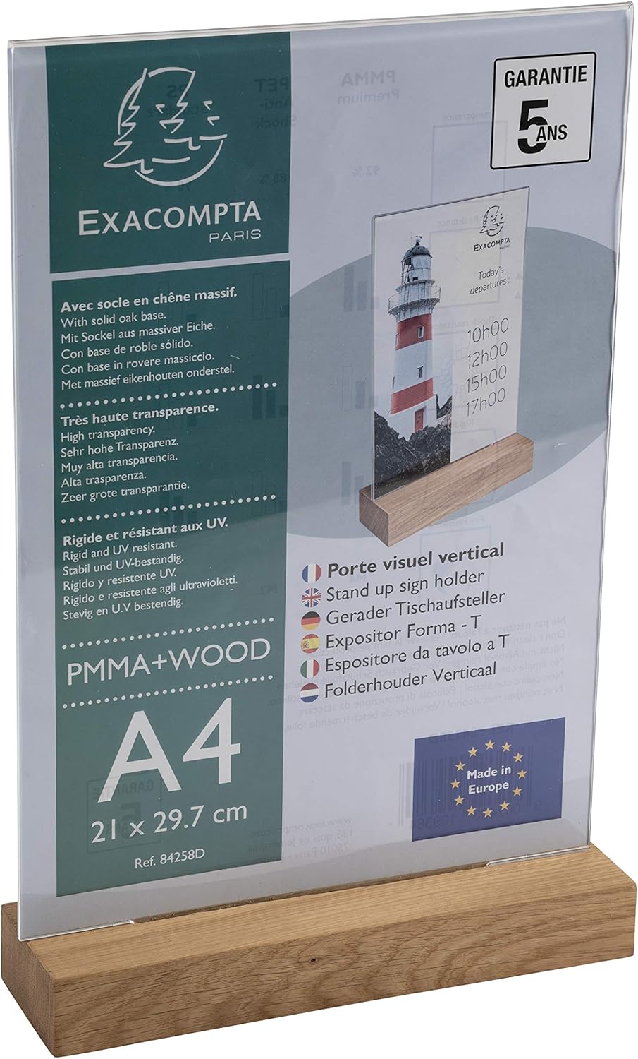 Exacompta - Ref 84258D - Sign Holder with Wooden Base - Suitable for A4 Documents, Solid Oak Plinth, Visible Both Sides, PMMA (Acrylic) Material, Rigid & UV Resistant - Clear
