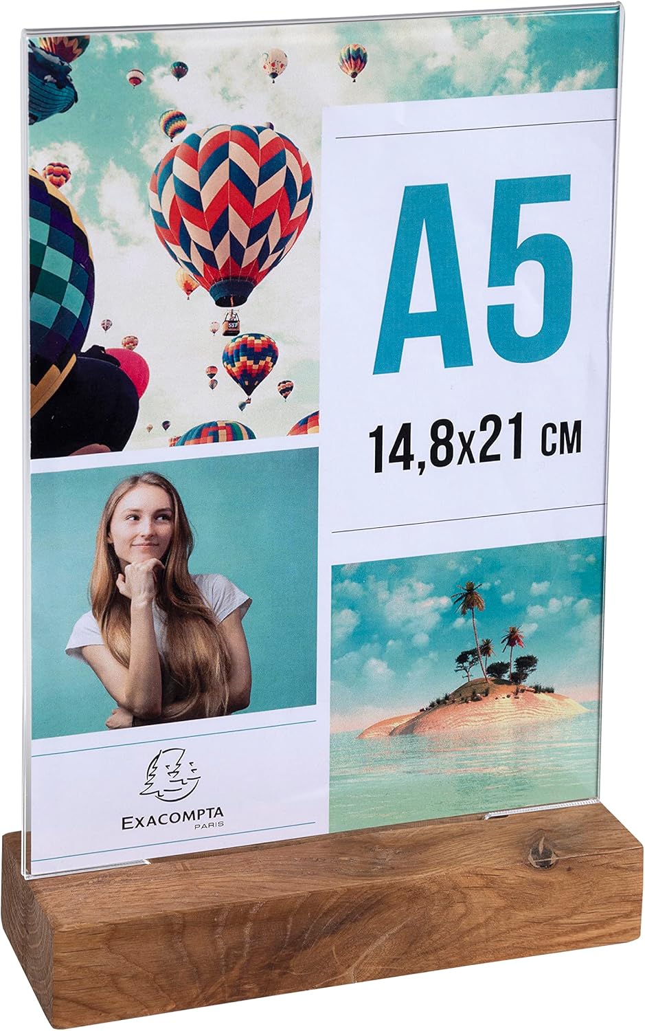 Exacompta - Ref 85258D - Sign Holder with Wooden Base - Suitable for A5 Documents, Solid Oak Plinth, Visible Both Sides, PMMA (Acrylic) Material, Rigid & UV Resistant - Clear