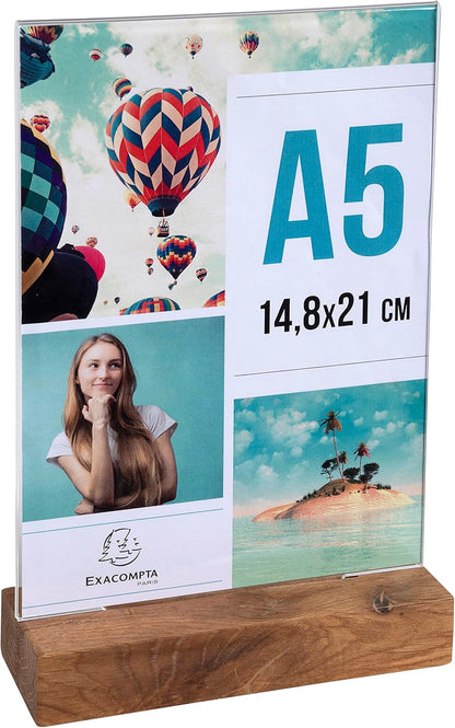 Exacompta - Ref 85258D - Sign Holder with Wooden Base - Suitable for A5 Documents, Solid Oak Plinth, Visible Both Sides, PMMA (Acrylic) Material, Rigid & UV Resistant - Clear