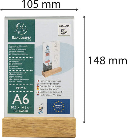 Exacompta - Ref 86258D - Sign Holder with Wooden Base - Suitable for A6 Documents, Solid Oak Plinth, Visible Both Sides, PMMA (Acrylic) Material, Rigid & UV Resistant - Clear