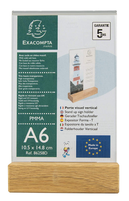 Exacompta - Ref 86258D - Sign Holder with Wooden Base - Suitable for A6 Documents, Solid Oak Plinth, Visible Both Sides, PMMA (Acrylic) Material, Rigid & UV Resistant - Clear