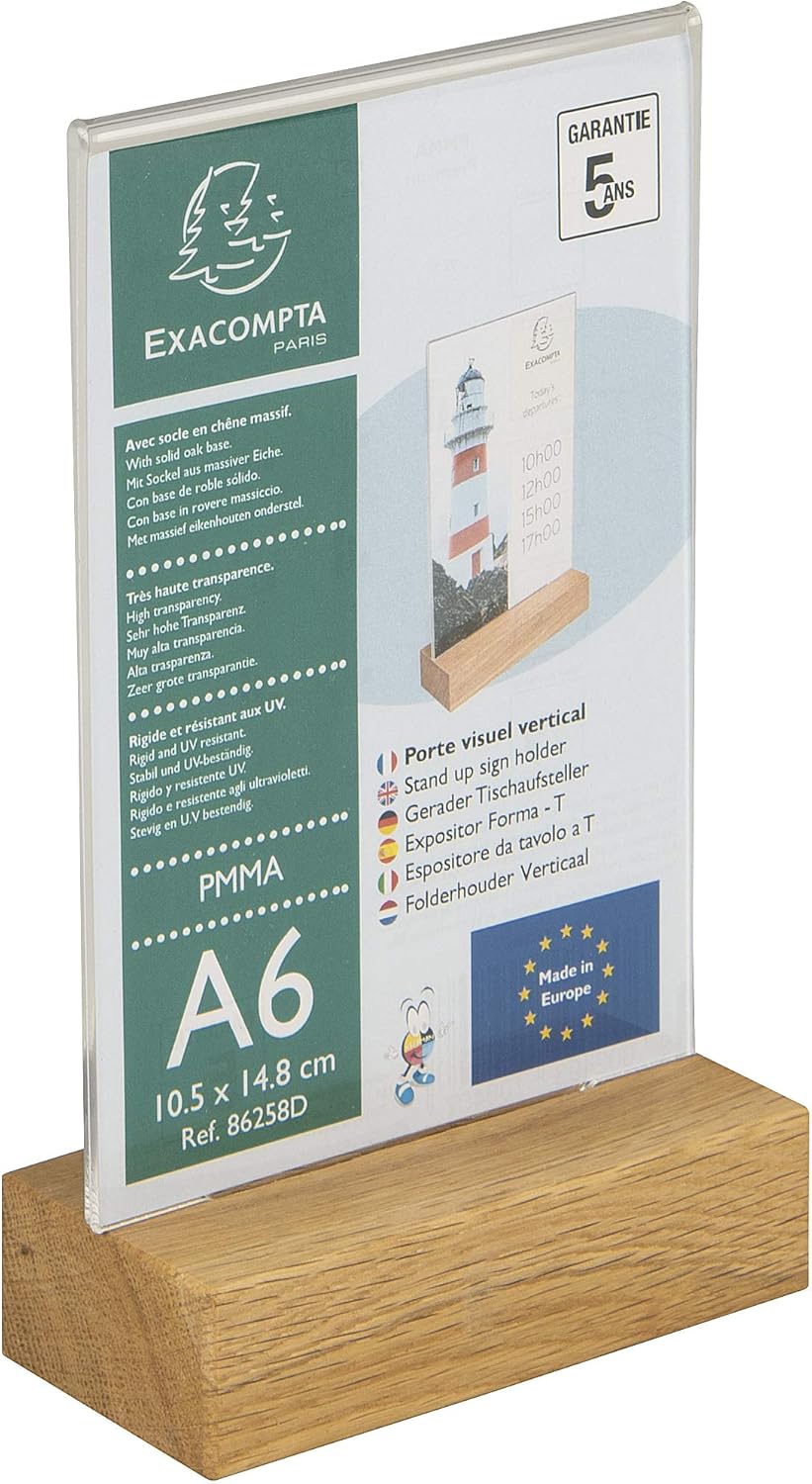 Exacompta - Ref 86258D - Sign Holder with Wooden Base - Suitable for A6 Documents, Solid Oak Plinth, Visible Both Sides, PMMA (Acrylic) Material, Rigid & UV Resistant - Clear