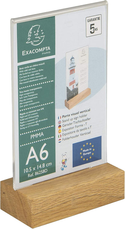 Exacompta - Ref 86258D - Sign Holder with Wooden Base - Suitable for A6 Documents, Solid Oak Plinth, Visible Both Sides, PMMA (Acrylic) Material, Rigid & UV Resistant - Clear