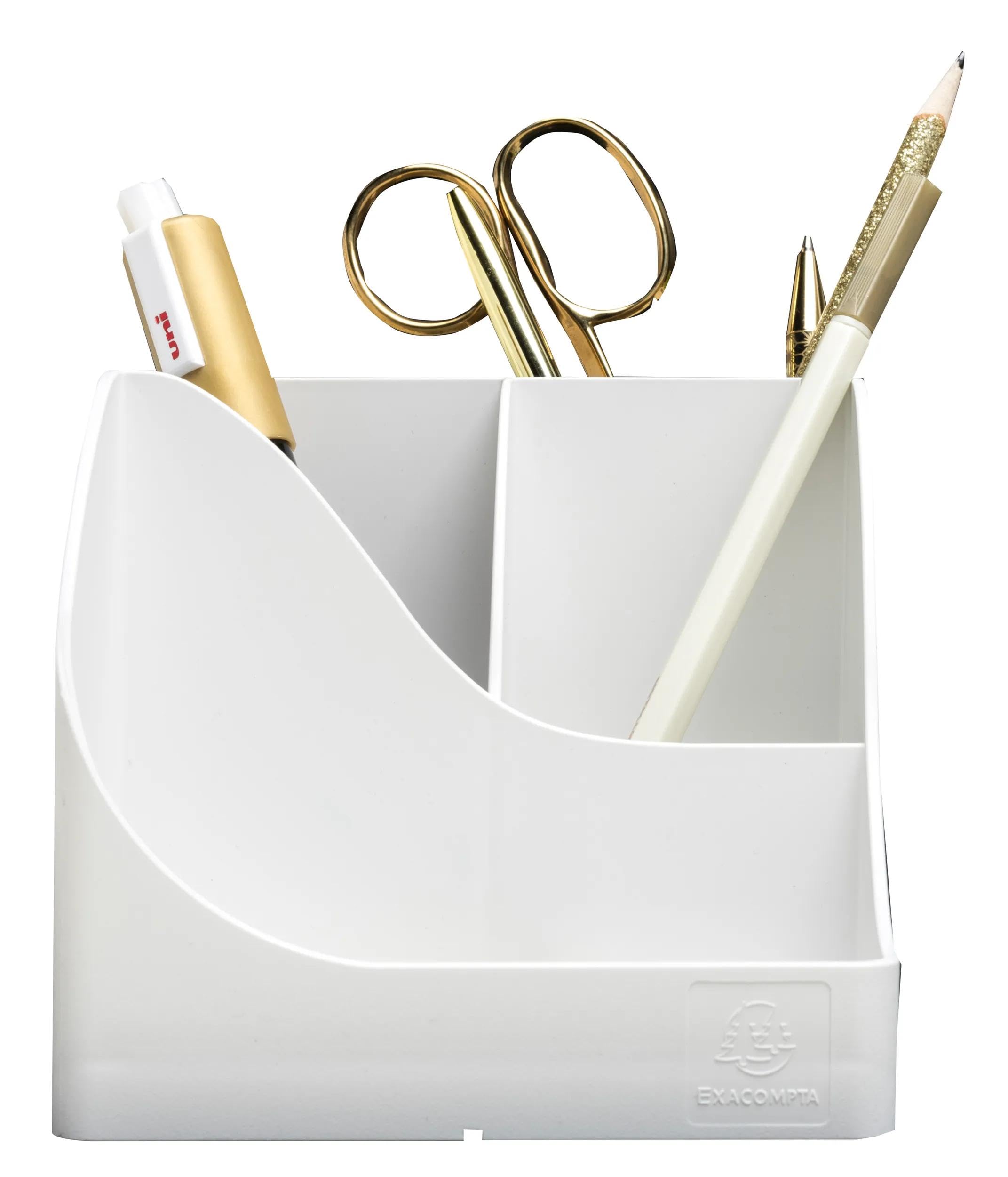 Exacompta - SKU 69513D - 1 Pen Wave Autentik white pencil holder - with 5 compartments - 4 high compartments for large utensils and 1 bottom compartment for small utensils