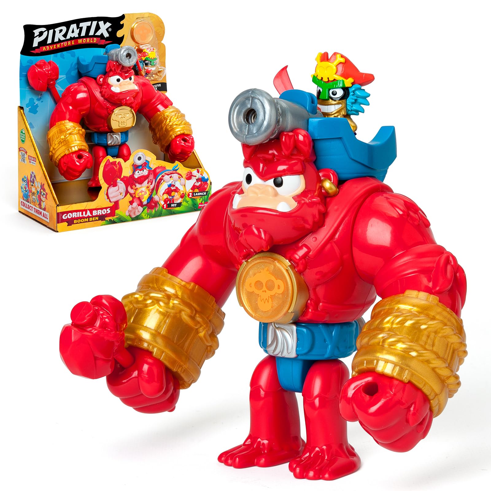 PIRATIX Gorilla Bros: Boom Ben – Articulated gorilla that attacks with its fists horizontally and with a cannon. Includes 1 gorilla, 1 exclu-sive Piratix, 1 exclusive treasure and 1 projectile