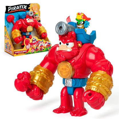 PIRATIX Gorilla Bros: Boom Ben – Articulated gorilla that attacks with its fists horizontally and with a cannon. Includes 1 gorilla, 1 exclu-sive Piratix, 1 exclusive treasure and 1 projectile
