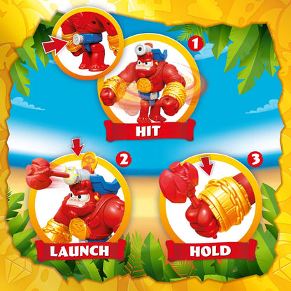 PIRATIX Gorilla Bros: Boom Ben – Articulated gorilla that attacks with its fists horizontally and with a cannon. Includes 1 gorilla, 1 exclu-sive Piratix, 1 exclusive treasure and 1 projectile
