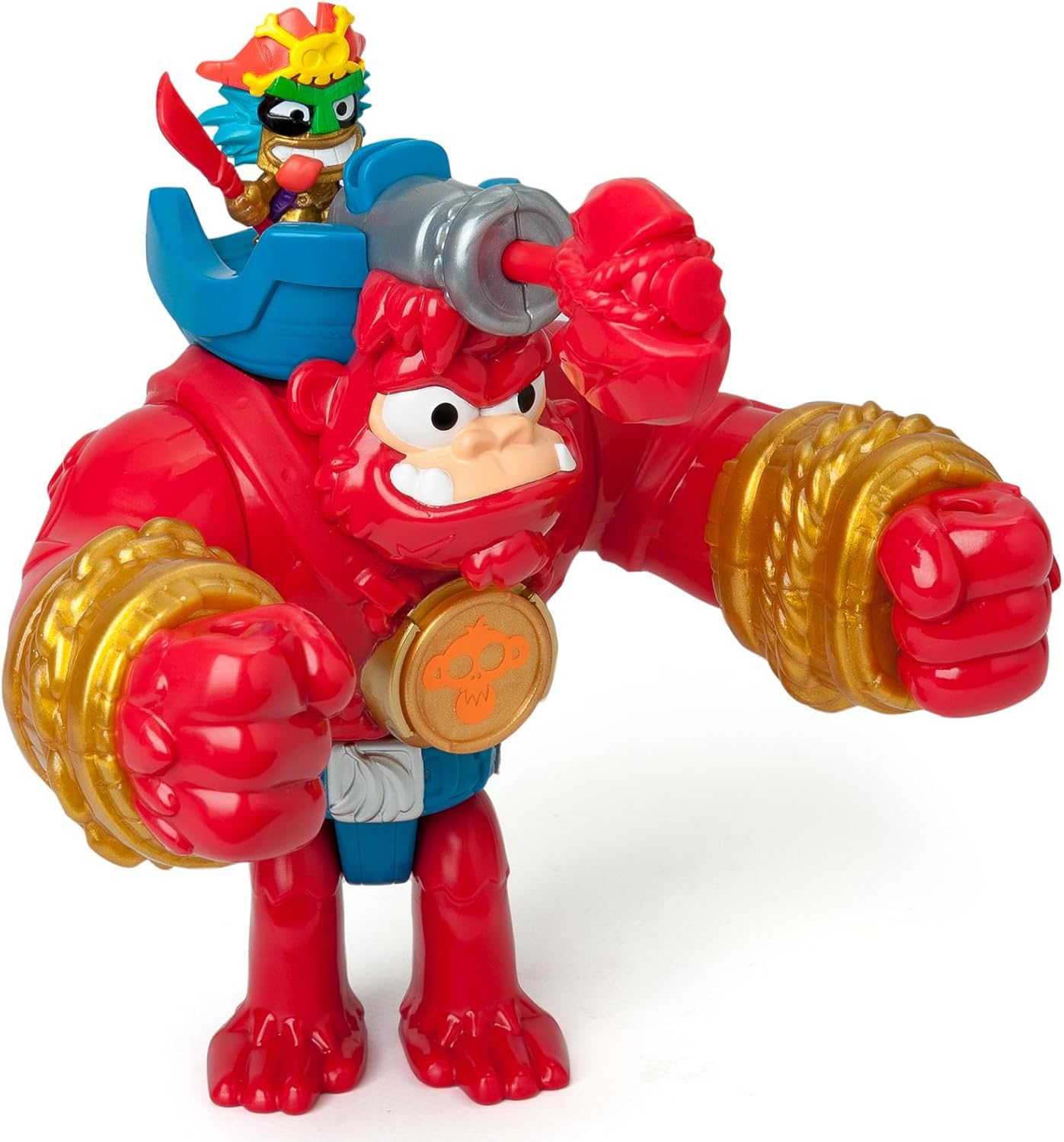 PIRATIX Gorilla Bros: Boom Ben – Articulated gorilla that attacks with its fists horizontally and with a cannon. Includes 1 gorilla, 1 exclu-sive Piratix, 1 exclusive treasure and 1 projectile