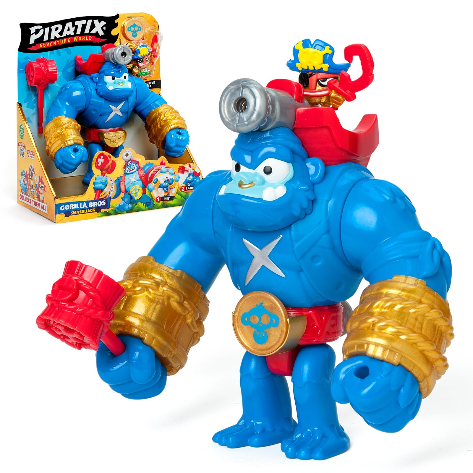 PIRATIX Gorilla Bros: Smash Jack – Articulated gorilla that attacks with its fists vertically and with a cannon, Includes 1 gorilla, 1 Piratix, 1 treasure and 1 projectile