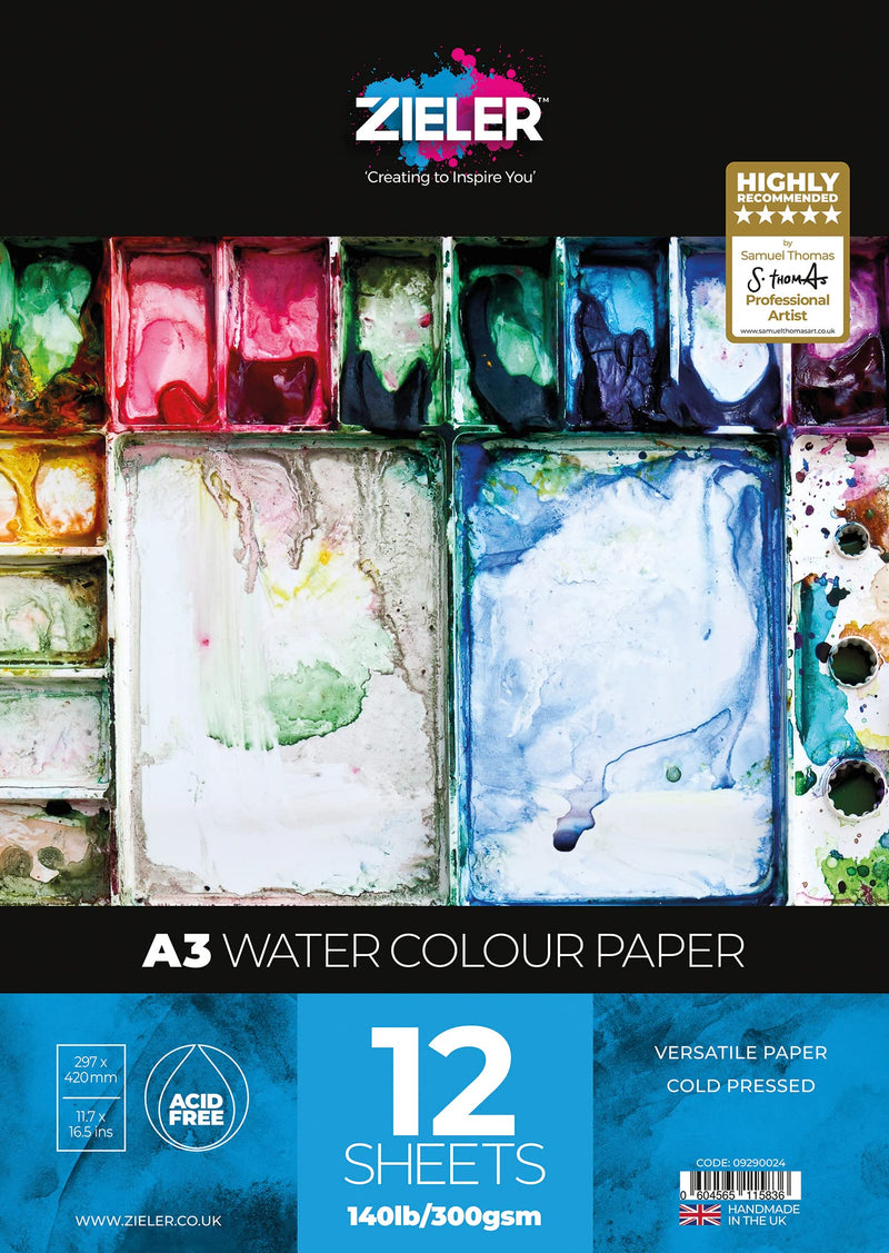 Fijnkorrelige getextureerde aquarel papier pad - 300 g/m², 12 vellen - by Zieler™ - Ideaal voor weken en maskeren. Gemaakt in het VK (A3