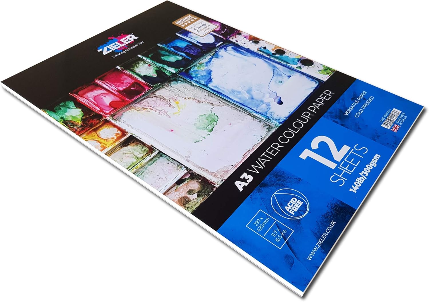 Fijnkorrelige getextureerde aquarel papier pad - 300 g/m², 12 vellen - by Zieler™ - Ideaal voor weken en maskeren. Gemaakt in het VK (A3