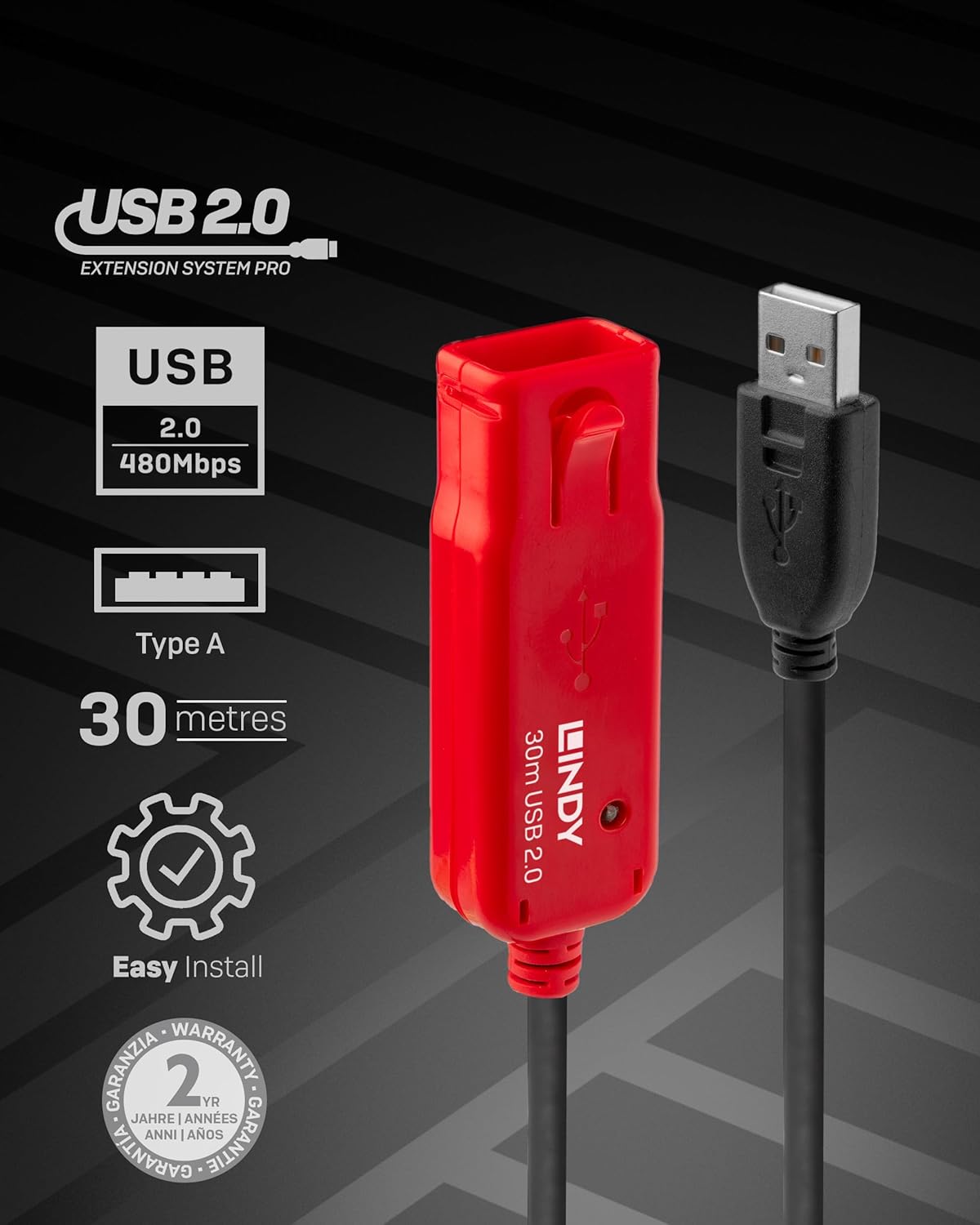 LINDY 30m USB 2.0 Active Extension Cable Pro, Long Distance Repeater, Extends USB devices, PCs, Laptops, Xbox, PS4, PS5, VR Headset, Printer, Scanner, Webcam, Interactive Whiteboards
