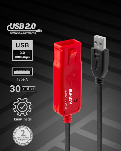 LINDY 30m USB 2.0 Active Extension Cable Pro, Long Distance Repeater, Extends USB devices, PCs, Laptops, Xbox, PS4, PS5, VR Headset, Printer, Scanner, Webcam, Interactive Whiteboards