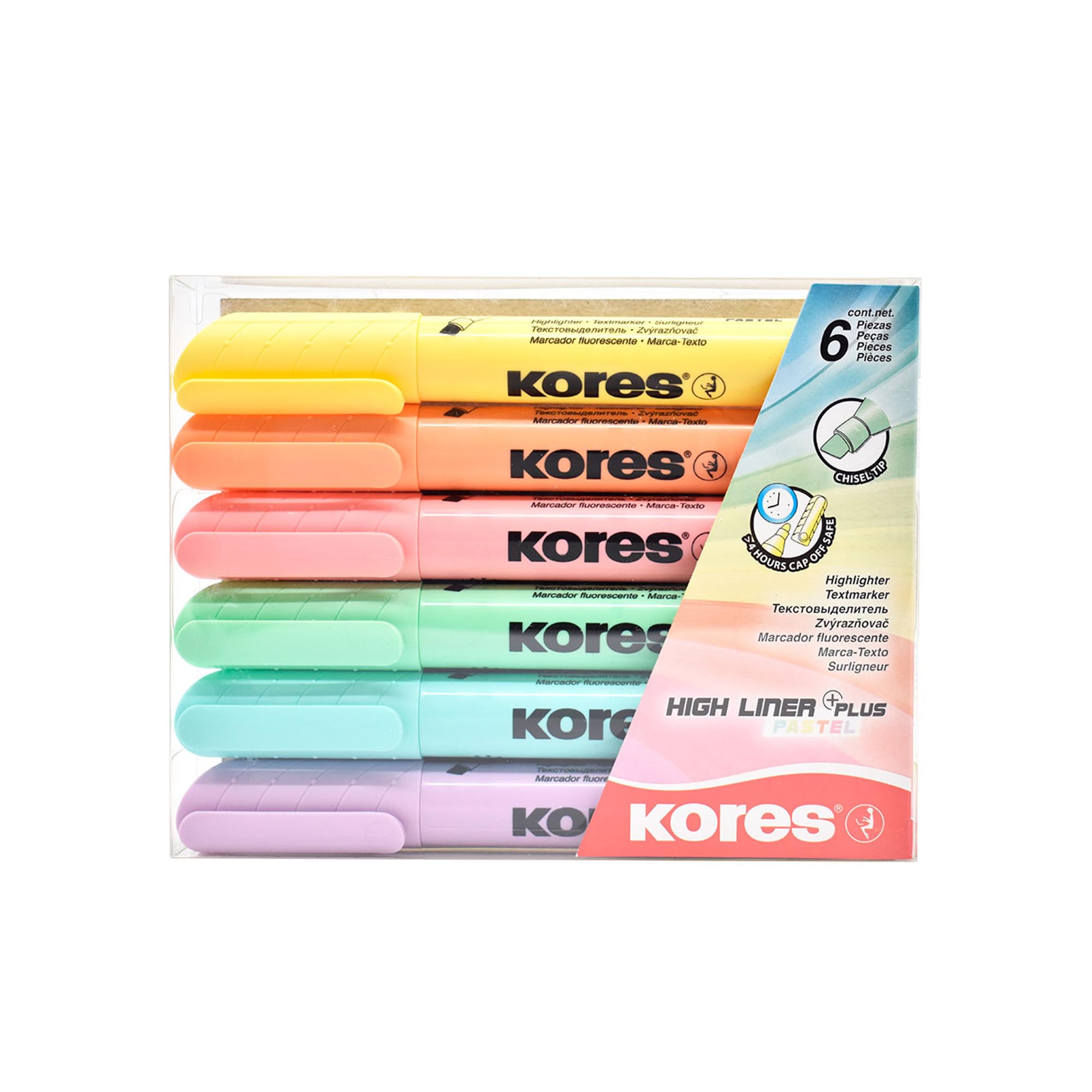 Kores - High Liner Plus: pastelkleurige markeerstiften, wigvormige punt en inkt op waterbasis, school- en kantoorbenodigdheden, set van 6 gesorteerde kleuren