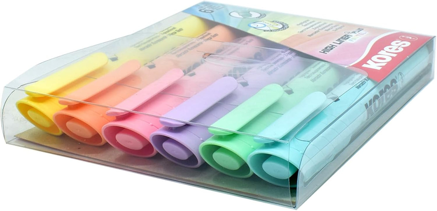 Kores - High Liner Plus: pastelkleurige markeerstiften, wigvormige punt en inkt op waterbasis, school- en kantoorbenodigdheden, set van 6 gesorteerde kleuren