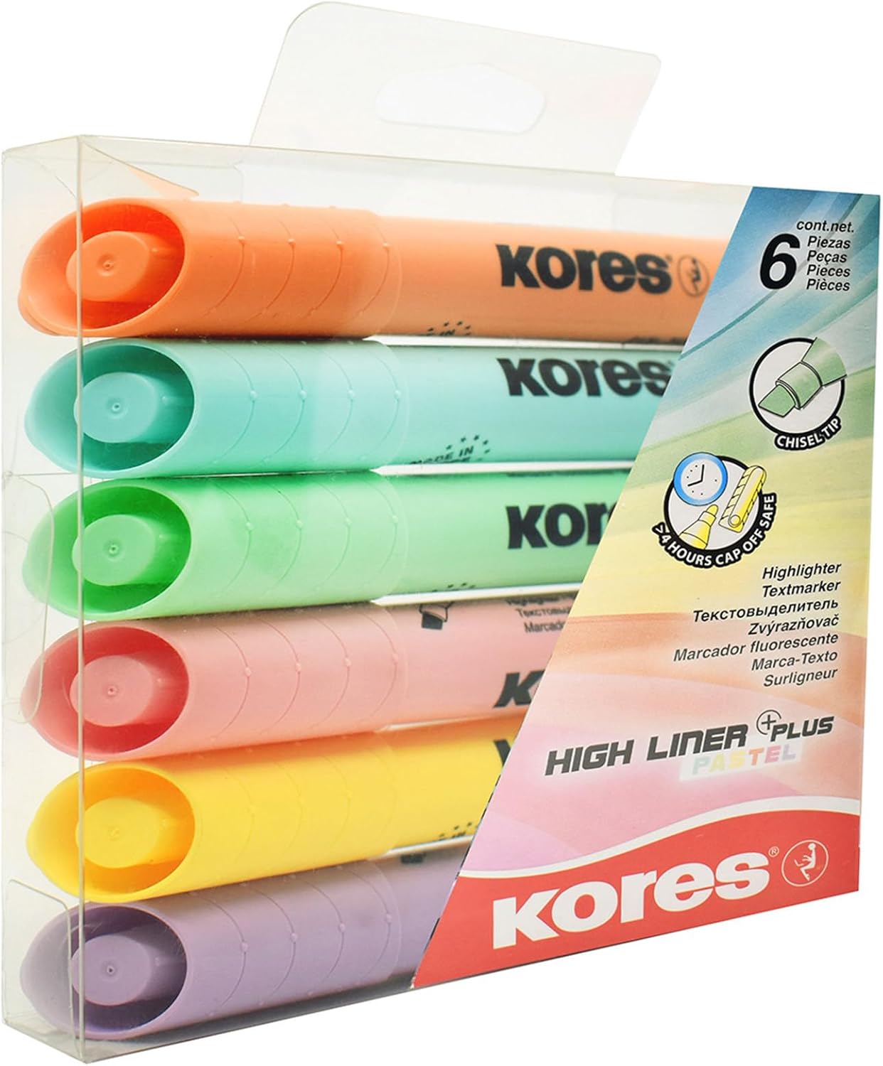 Kores - High Liner Plus: pastelkleurige markeerstiften, wigvormige punt en inkt op waterbasis, school- en kantoorbenodigdheden, set van 6 gesorteerde kleuren