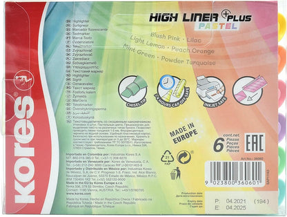 Kores - High Liner Plus: pastelkleurige markeerstiften, wigvormige punt en inkt op waterbasis, school- en kantoorbenodigdheden, set van 6 gesorteerde kleuren