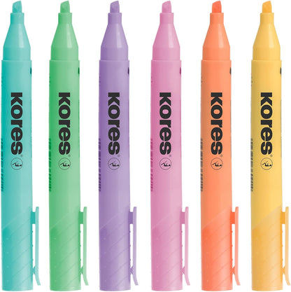 Kores - High Liner Plus: pastelkleurige markeerstiften, wigvormige punt en inkt op waterbasis, school- en kantoorbenodigdheden, set van 6 gesorteerde kleuren