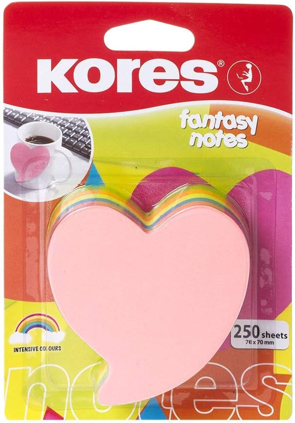 Kores - Fantasie: zelfklevende notities in hartvorm, gekleurd zelfklevend notitieblok, 70 x 70 mm, verpakking van 1 x 250 vellen in 5 gesorteerde kleuren
