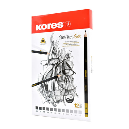 Kores Grafitos Grafiet potloden verschillende kwaliteiten 12 stuks, driehoekig (metalen doos van 12