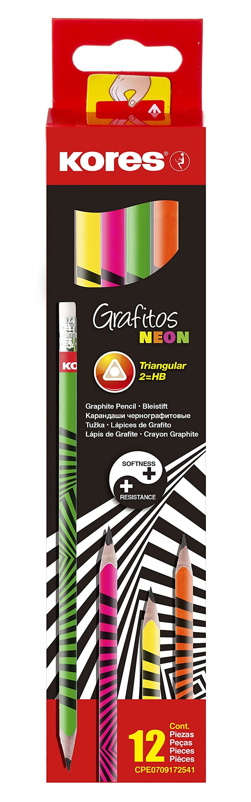 Kores - Grafitos Neon: HB grafietpotloden met zachte lood, driehoekige vorm, schoolbenodigdheden voor schrijven, tekenen en schetsen, Pack van 12