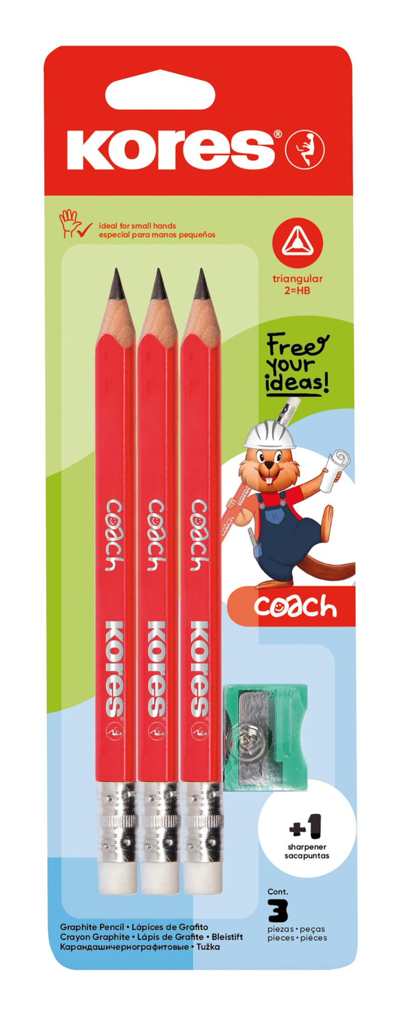 Kores - Coach: Jumbo potloden voor kinderen, zachte HB-vulling en gum, ergonomische driehoekige vorm, schoolbenodigdheden voor het ontwikkelen van schrijven, 3 stuks