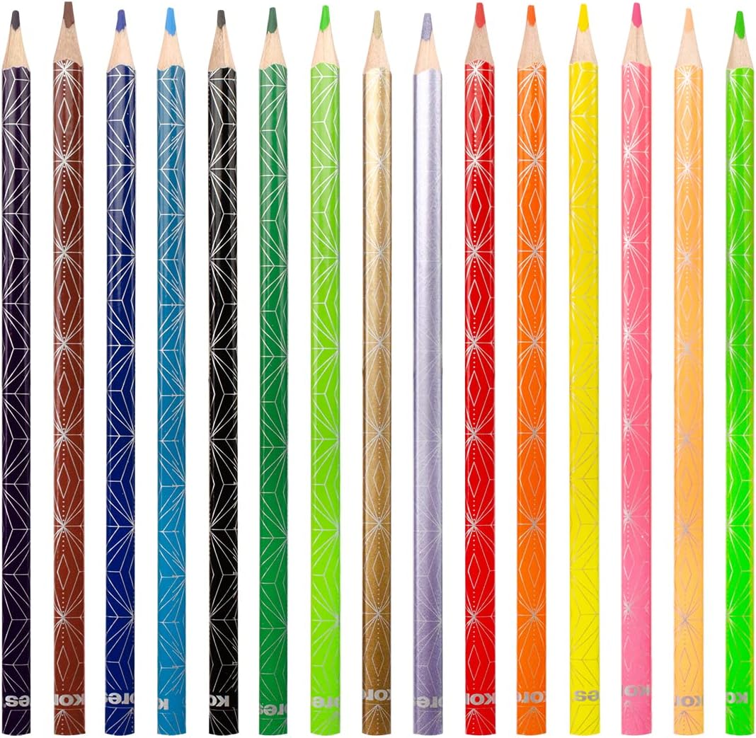 Kores Kolores Style kleurpotloden, 15 kleuren, trendy & mooie metallic en neon tinten voor wit, donker en knutselpapier, 15 kleurpotloden in een doos voor kinderen, kunstenaars