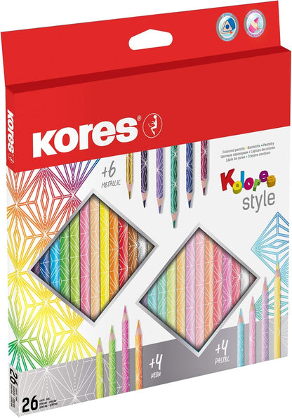 Kores Kolores Style kleurpotloden, 26 kleuren, waaronder trendy metallic, neon & mooie pasteltinten voor wit, donker en ambachtelijk papier, 26 kleurpotloden in een doos voor kinderen, kunstenaars