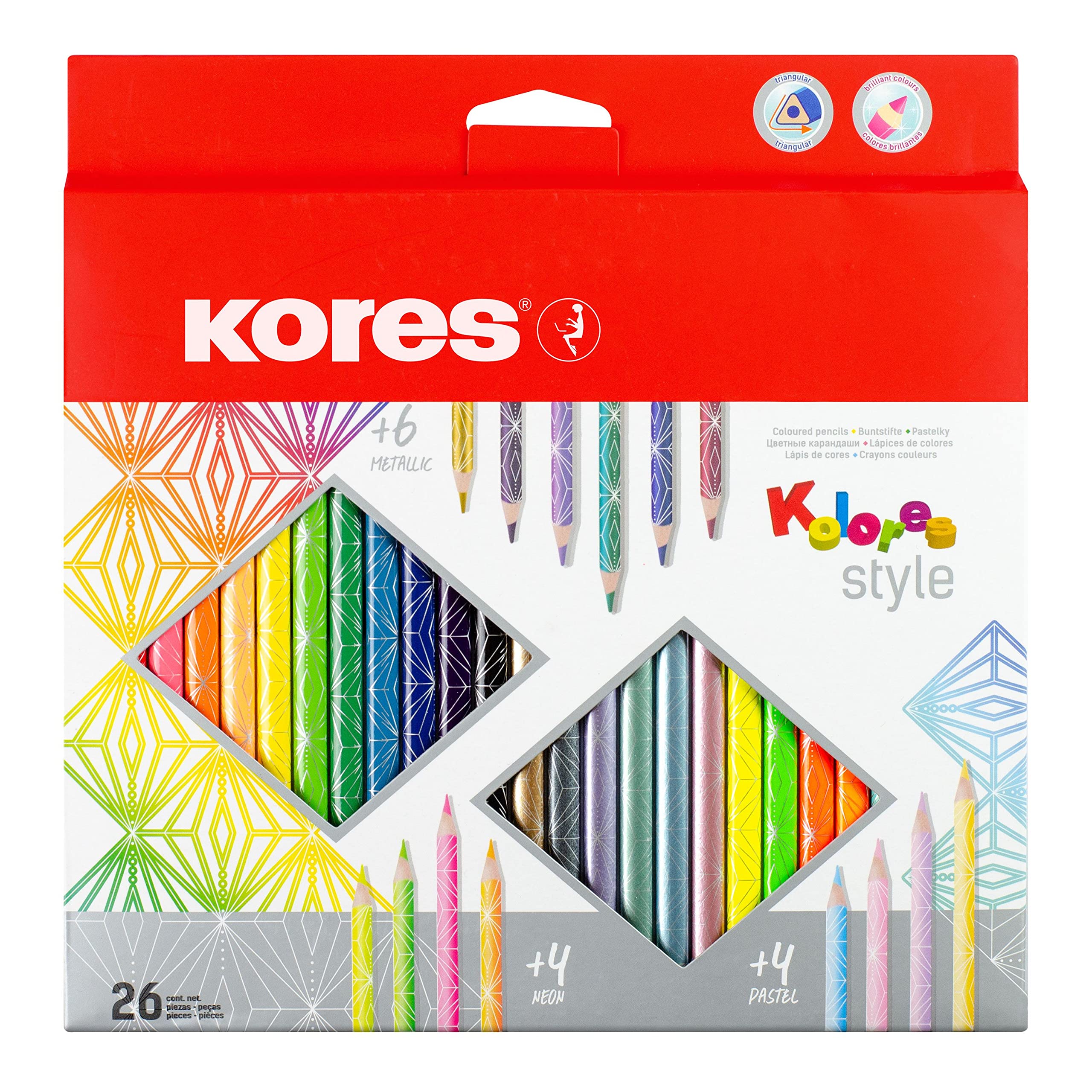 Kores Kolores Style kleurpotloden, 26 kleuren, waaronder trendy metallic, neon & mooie pasteltinten voor wit, donker en ambachtelijk papier, 26 kleurpotloden in een doos voor kinderen, kunstenaars