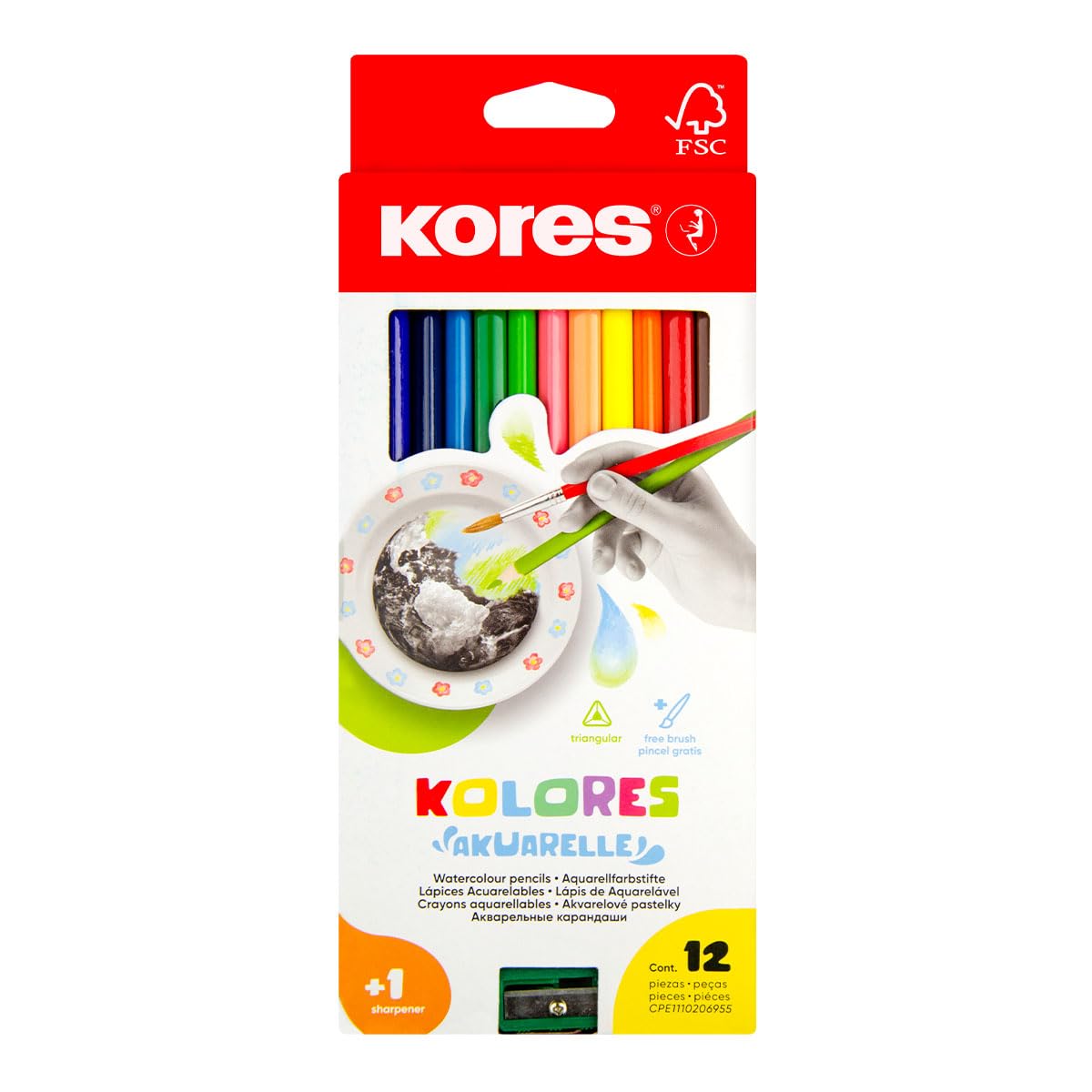 Kores - Acuariën: 12 waterkleurstiften voor kinderen, beginners en volwassenen met zachte vulling en in driehoekige vorm, school- en kunstbenodigdheden, set van 12 gesorteerde kleuren