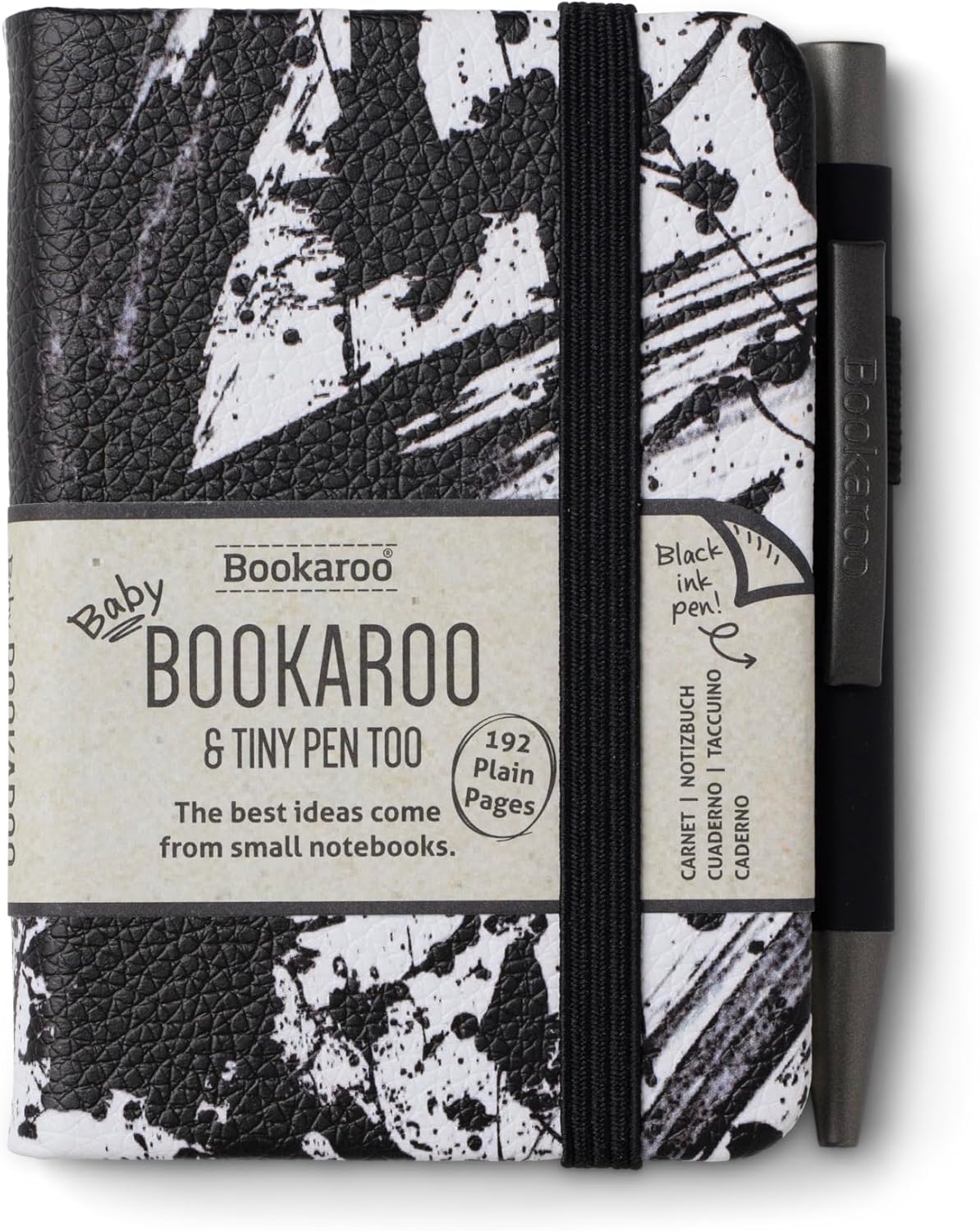 IF Bookaroo Notebook - A7 Pocket and Handbag size Notebook plus Black Ballpoint Pen, 192 pages - Black & White - Splatter