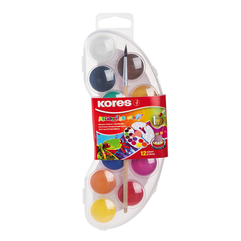 Kores - Akosteloos mini: aquarelverfset met mengpalet en kwast, afwasbaar en niet giftig, school- en kunstaccessoires voor kinderen en beginners, set met 12 kleuren