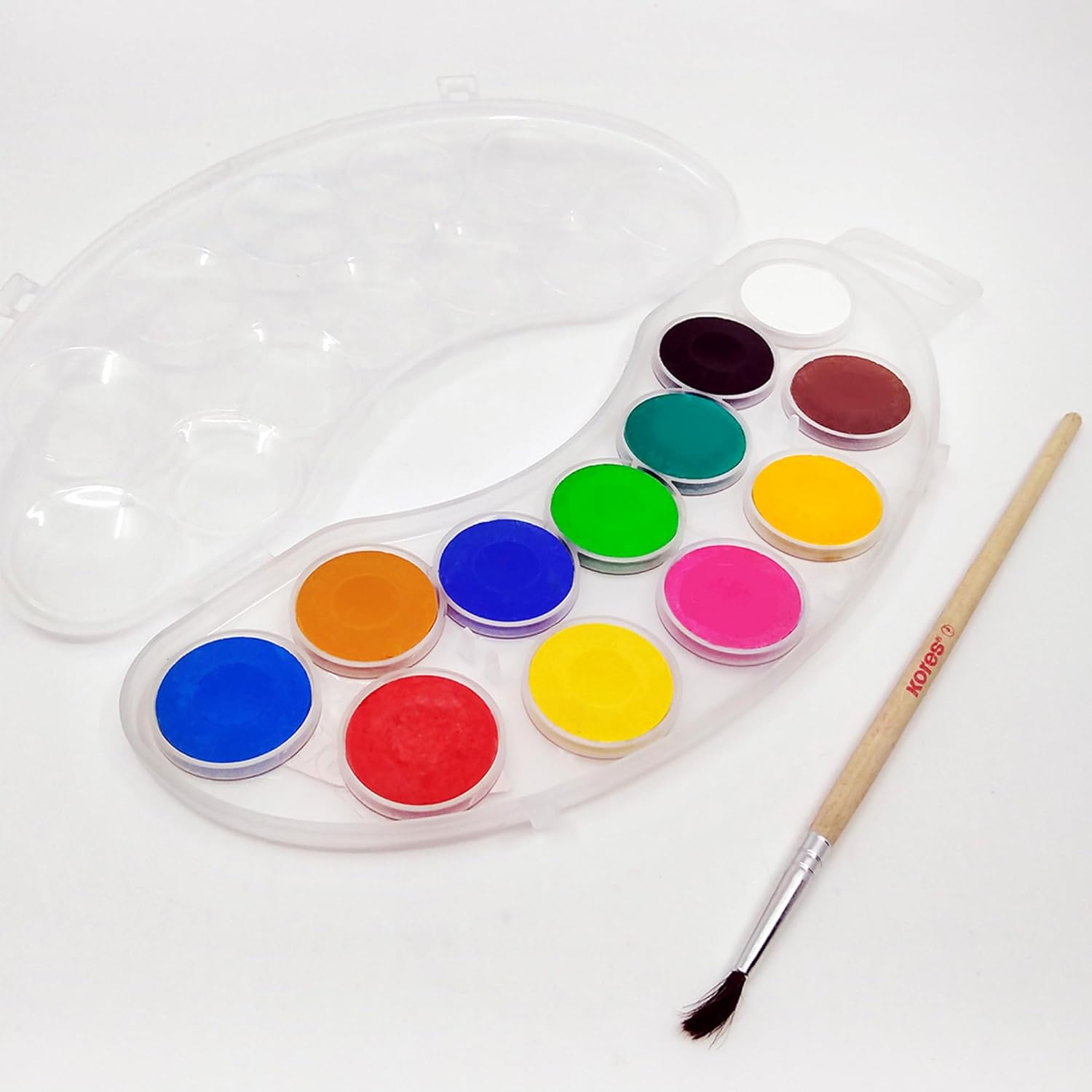 Kores - Akosteloos mini: aquarelverfset met mengpalet en kwast, afwasbaar en niet giftig, school- en kunstaccessoires voor kinderen en beginners, set met 12 kleuren