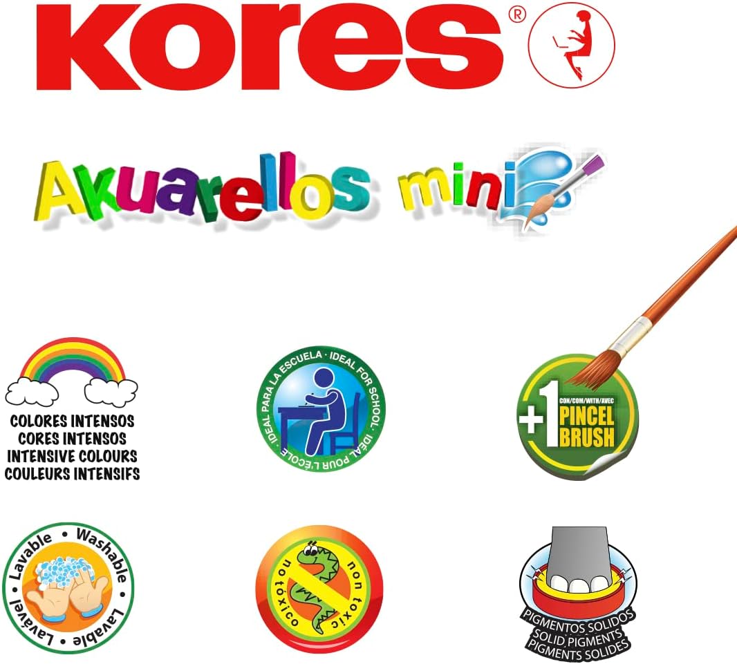 Kores - Akosteloos mini: aquarelverfset met mengpalet en kwast, afwasbaar en niet giftig, school- en kunstaccessoires voor kinderen en beginners, set met 12 kleuren