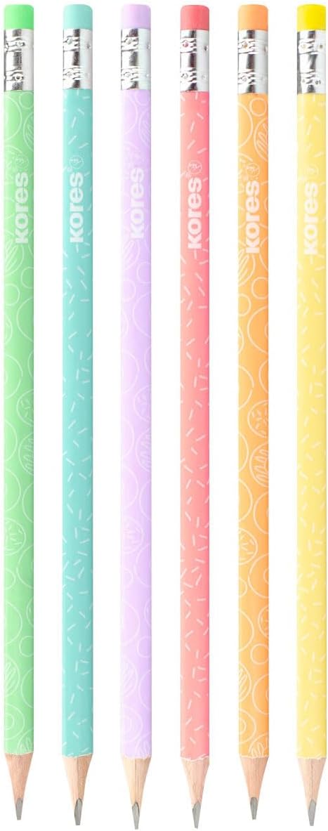 Kores - Grafitos Collage Stijl: HB Grafiet Potloden, Houten Potloden Gecoat in Pastel Kleuren met Leuk Patroon, Latex-vrije gummen, School en Kantoorbenodigdheden om te schrijven, Pack van 6