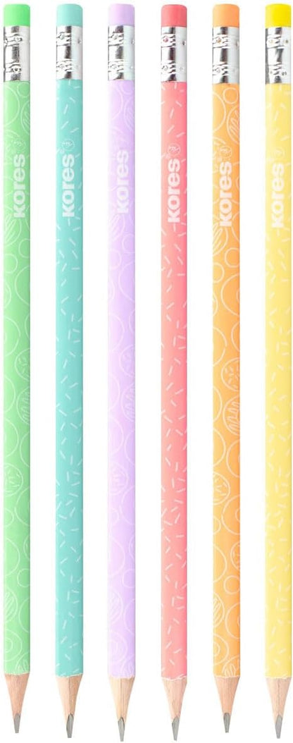 Kores - Grafitos Collage Stijl: HB Grafiet Potloden, Houten Potloden Gecoat in Pastel Kleuren met Leuk Patroon, Latex-vrije gummen, School en Kantoorbenodigdheden om te schrijven, Pack van 6