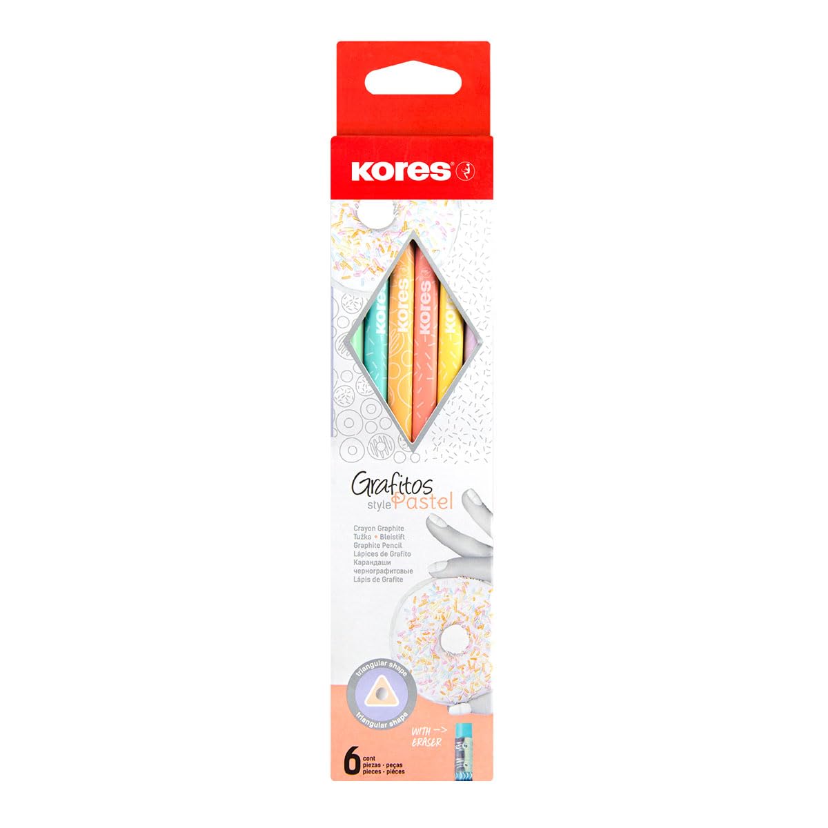 Kores - Grafitos Collage Stijl: HB Grafiet Potloden, Houten Potloden Gecoat in Pastel Kleuren met Leuk Patroon, Latex-vrije gummen, School en Kantoorbenodigdheden om te schrijven, Pack van 6