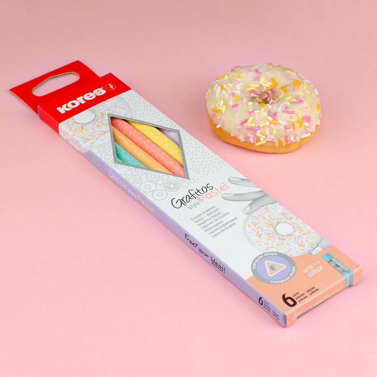 Kores - Grafitos Collage Stijl: HB Grafiet Potloden, Houten Potloden Gecoat in Pastel Kleuren met Leuk Patroon, Latex-vrije gummen, School en Kantoorbenodigdheden om te schrijven, Pack van 6