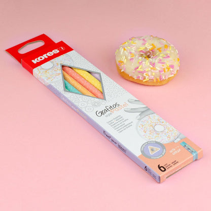 Kores - Grafitos Collage Stijl: HB Grafiet Potloden, Houten Potloden Gecoat in Pastel Kleuren met Leuk Patroon, Latex-vrije gummen, School en Kantoorbenodigdheden om te schrijven, Pack van 6