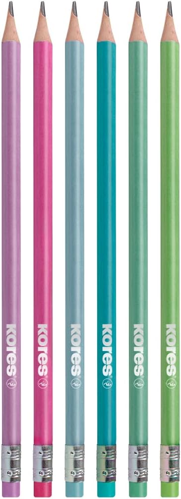 Kores Grafitos Style voorgeslepen grafietpotloden met latexvrije kleurrijke gummen, houten potloden gecoat in trendy metallic kleuren, 6 stuks in hangende doos voor school, kantoor, schetsen, schrijve