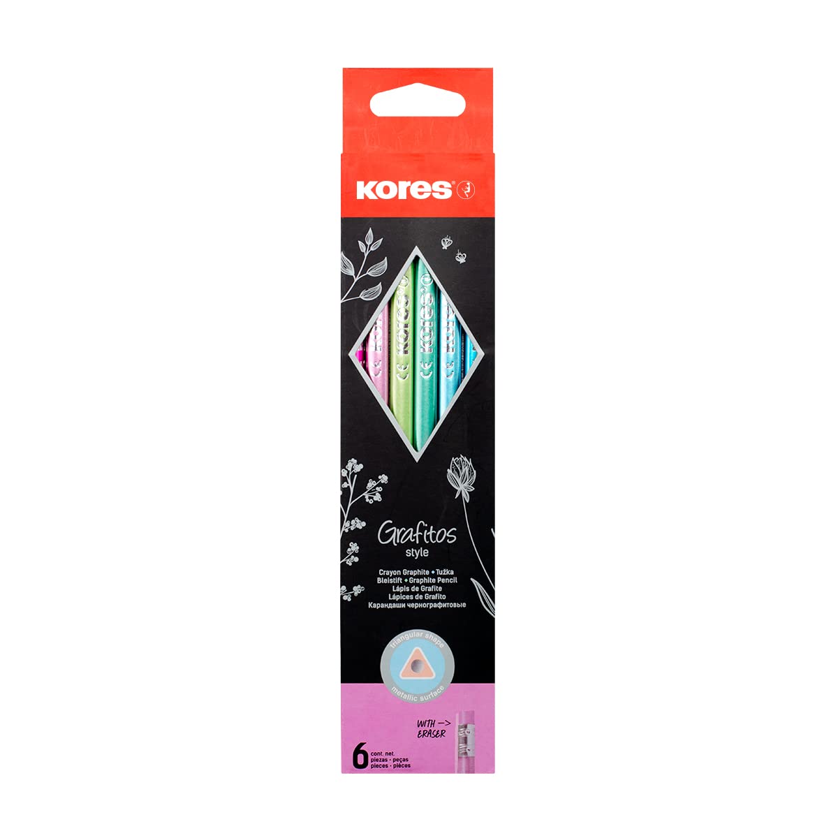 Kores Grafitos Style voorgeslepen grafietpotloden met latexvrije kleurrijke gummen, houten potloden gecoat in trendy metallic kleuren, 6 stuks in hangende doos voor school, kantoor, schetsen, schrijve