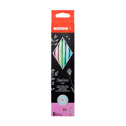 Kores Grafitos Style voorgeslepen grafietpotloden met latexvrije kleurrijke gummen, houten potloden gecoat in trendy metallic kleuren, 6 stuks in hangende doos voor school, kantoor, schetsen, schrijve