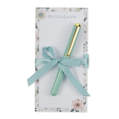 Christian Art Gifts Magnetic Notepad Set with Pen for Women: Be Still - Inspirational Scripture for Shopping Lists, Memos, Reminders, 70 Lined Tear-off Sheets, Teal Floral