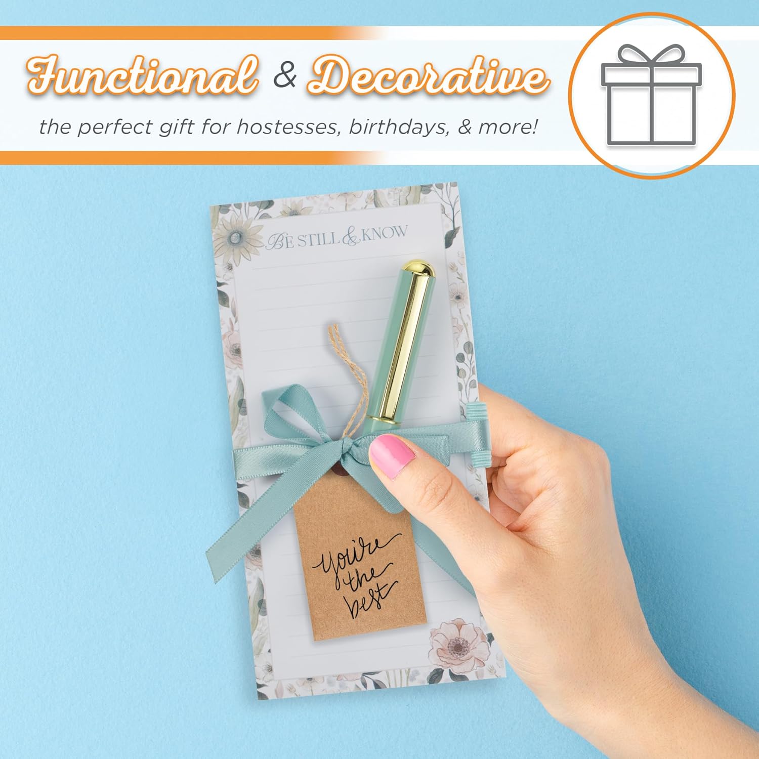Christian Art Gifts Magnetic Notepad Set with Pen for Women: Be Still - Inspirational Scripture for Shopping Lists, Memos, Reminders, 70 Lined Tear-off Sheets, Teal Floral
