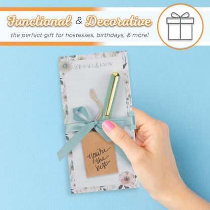 Christian Art Gifts Magnetic Notepad Set with Pen for Women: Be Still - Inspirational Scripture for Shopping Lists, Memos, Reminders, 70 Lined Tear-off Sheets, Teal Floral