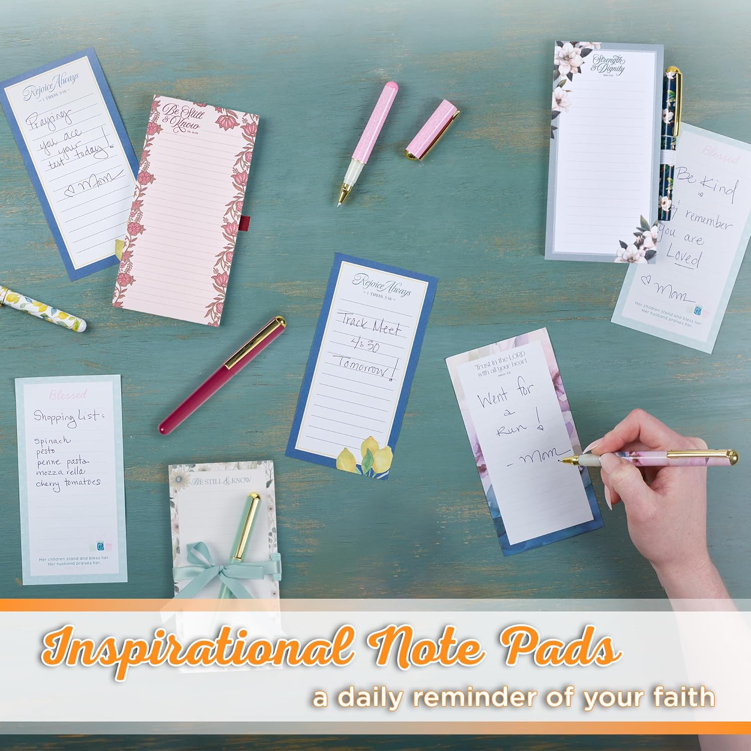 Christian Art Gifts Magnetic Notepad Set with Pen for Women: Be Still - Inspirational Scripture for Shopping Lists, Memos, Reminders, 70 Lined Tear-off Sheets, Teal Floral