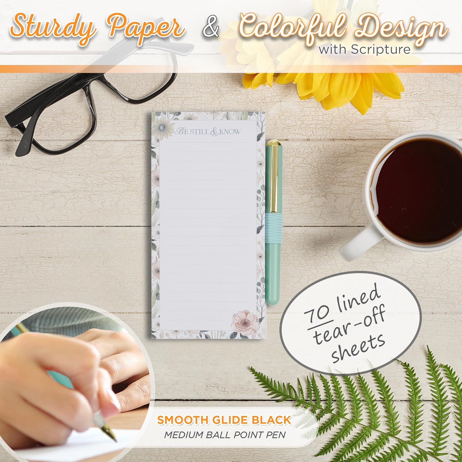 Christian Art Gifts Magnetic Notepad Set with Pen for Women: Be Still - Inspirational Scripture for Shopping Lists, Memos, Reminders, 70 Lined Tear-off Sheets, Teal Floral